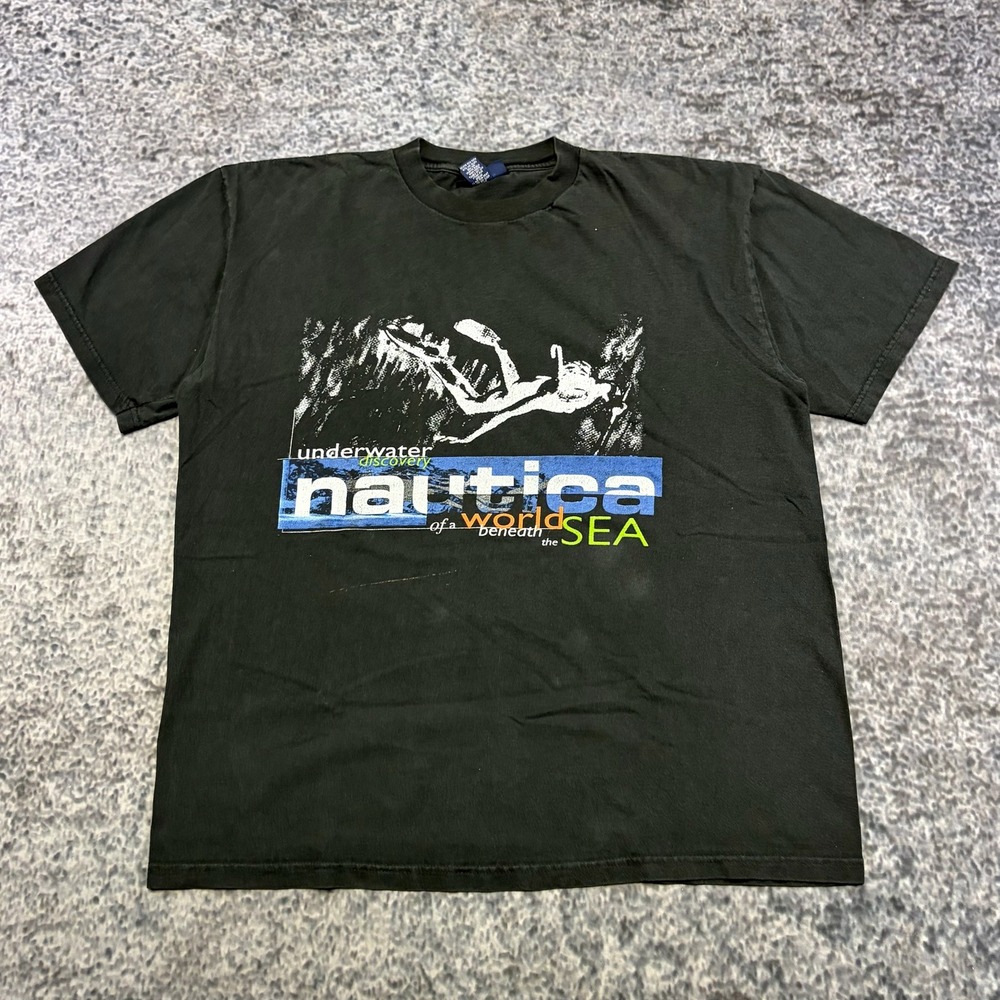 VTG Nautica Underwater Discovery T Shirt Mens Large Black Faded 90s Grunge Surf
